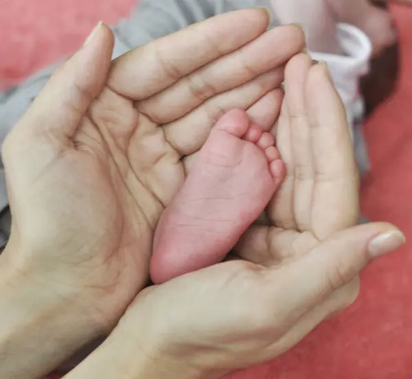 Anne, yeni doğmuş bir bebeğin ayağını avuçlarında tutuyor.