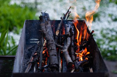 Izgarada yakacak odun. Bahçede şenlik ateşi.