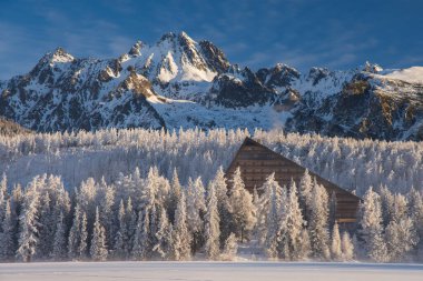 Strbske Pleso, High Tatras, Slovak cumhuriyetindeki Solisko Tepesi ve Patria Oteli. Kış dağları ve ağaçlar. Popüler seyahat hedefi.