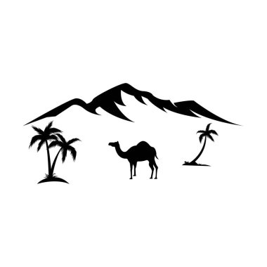 Çöl vektör çiziminde gün batımlı deve