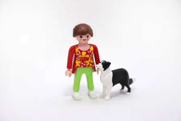 プレイモービルドール おもちゃ 数字について ガールと犬 国境のコリー犬を歩いている女性 ウォークする ペットと一緒にいる女の子 ハッピーファミリー コレクティブルドール 隔離された白 — ストック写真
