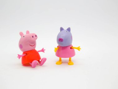 Peppa domuzu ve şeker kedi. Arkadaşız. Televizyon dizisindeki domuz. Kırmızı elbiseli küçük pembe domuz.