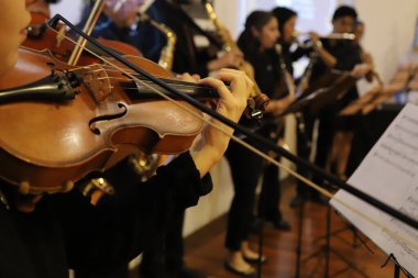 Bir klasik müzik konserinde çalan müzisyen. Bir grup müzisyen. Müzik grubu. Keman çalan kişinin ellerinin yakın çekimi. Rüzgar ve telli müzik aletleri.