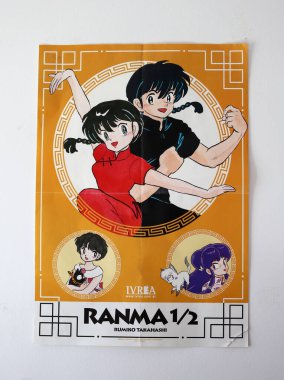 Rumiko Takahash tarafından yazılan ve resimlenen Ranma manga serisi posteri. Ranma Saotome ve Akane Tendo.