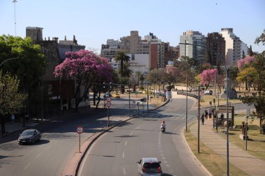 Arjantin 'in Crdoba şehrinin kentsel manzarası. Park Sarmiento manzaralı bir cadde ve apartmanlı bir arka plan. İnsanlar ve arabalar sokaklarda geziyor..