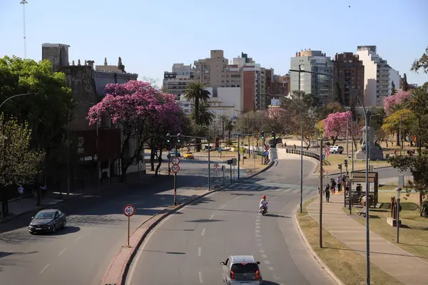 Arjantin 'in Crdoba şehrinin kentsel manzarası. Park Sarmiento manzaralı bir cadde ve apartmanlı bir arka plan. İnsanlar ve arabalar sokaklarda geziyor..