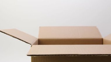 Eller karton bir kutudan sahte çizgili bir taş alır. Beyaz bir arka planda. İzole edilmiş. Sahte teslimat konsepti. Yanlış dağıtım kavramı.