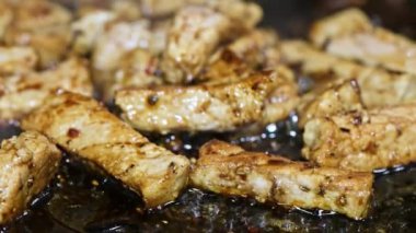 Kızartma tavasında pişirilen tavuk parçalarının yakın plan görüntüsü. Et baharatlıdır ve görünür yağla kahverengileşir. Lezzetli, iştah açıcı görünüş. Evde yemek pişirmek. 60 fps ağır çekim video. 