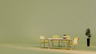 Dört hafif sandalyeyle çevrili minimalist bir odada beyaz bir masa. Masanın üzerinde bir saksı bitkisi ve büyük bir yer bitkisi yumuşak yeşil bir zemine karşı taze ve sakin bir ortam yaratır.