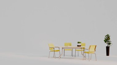 Metal bacaklı dört sarı koltukla çevrili beyaz bir masası olan minimalist bir oda. Küçük saksı bitkileri temiz ve modern tasarıma doğal bir dokunuş katar.