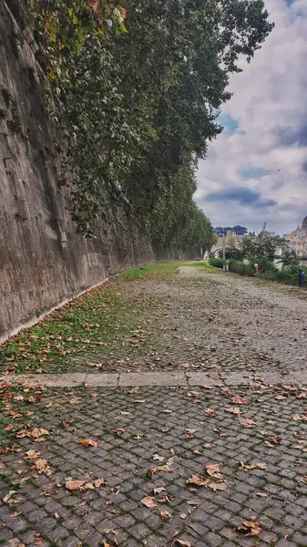 Roma 'daki Tiber nehrinin yanındaki eski taş yol.