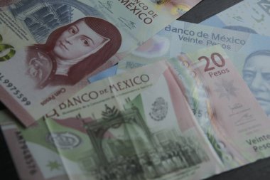 Meksika banknotları masanın üzerinde çeşitli serpiştirilmiş.