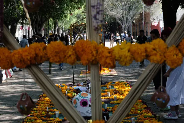 Morelia, Meksika. Da de Muertos. Mexico City 'deki Callas de Muertos kutlamalarında insanlar