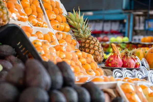 stock image Bazaar selling summer fruits in shop showing plenty types of fruits and variations of choices