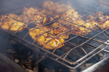 Aile zamanı ve boş zamanı için kömürde piknikte barbekü hazırlamak