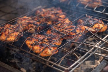 Aile zamanı ve boş zamanı için kömürde piknikte barbekü hazırlamak