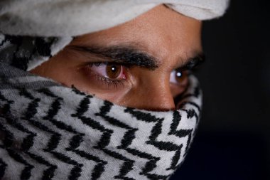 Siyah arka planda beyaz keffiyeh giyen Pearl 'ün portresi. Şiddet ve işgale karşı olduğu için gözlerinde öfke ifadesi var.