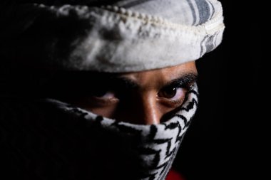 Siyah arka planda beyaz keffiyeh giyen Pearl 'ün portresi. Şiddet ve işgale karşı olduğu için gözlerinde öfke ifadesi var.