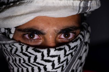 Siyah arka planda beyaz keffiyeh giyen Pearl 'ün portresi. Şiddet ve işgale karşı olduğu için gözlerinde öfke ifadesi var.