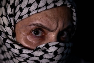 Siyah arka planda beyaz keffiyeh giyen Pearl 'ün portresi. Şiddet ve işgale karşı olduğu için gözlerinde öfke ifadesi var.
