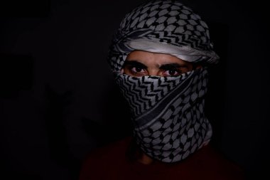 Siyah arka planda beyaz keffiyeh giyen Pearl 'ün portresi. Şiddet ve işgale karşı olduğu için gözlerinde öfke ifadesi var.