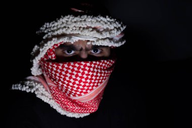 Koyu arka planda kırmızı keffiyeh giyen Pearl 'ün portresi. Şiddet ve işgale karşı olduğu için gözlerinde öfke ifadesi var.