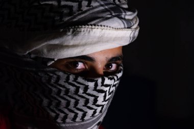 Siyah arka planda beyaz keffiyeh giyen Pearl 'ün portresi. Şiddet ve işgale karşı olduğu için gözlerinde öfke ifadesi var.