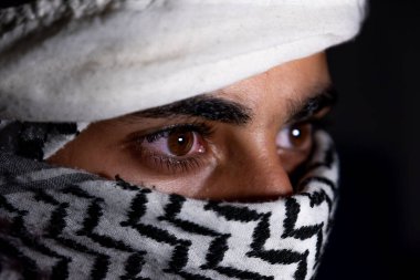 Siyah arka planda beyaz keffiyeh giyen Pearl 'ün portresi. Şiddet ve işgale karşı olduğu için gözlerinde öfke ifadesi var.