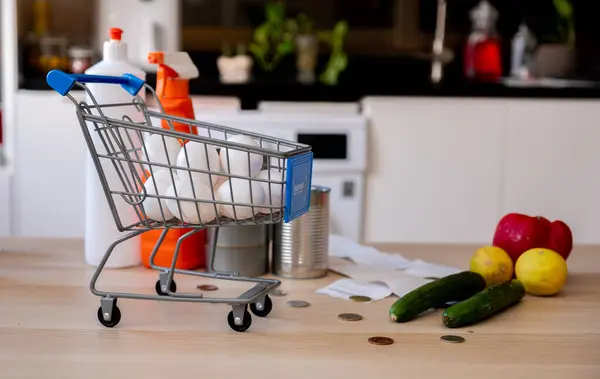 stock image Shopping cart represents the costs of living holding house supplies