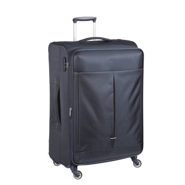 Koyu mavi yuvarlanan bavul beyaz arka planda üç çeyrek cepheden görünüyor