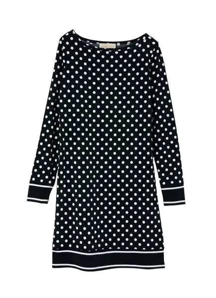 Beyaz benekli siyah elbise beyaz arka planda ön görünüm