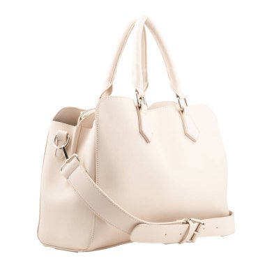 Beyaz deri çanta. Beyaz arkaplanda dörtte üç görünüm.