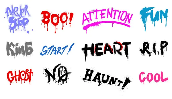 Metin spreyi boya, hiç durma, RIP, Dikkat, Hayalet, Başla, Kral, Lanetli, Hayır, Boo, Cool, Heart, Fun