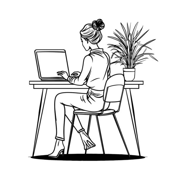 business woman seating on chair using laptop at the laptop desk, front view, seeing the camera, one line art, outline illustration, isolated on white background