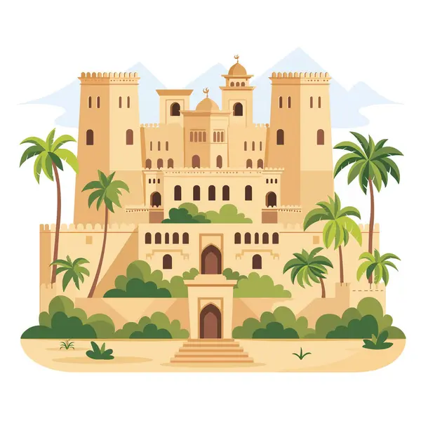 Suudi Arabistan Krallığı 'nın Riyad kentindeki Masmak Sarayı' nın tarihi mirası beyaz arka planda izole edilmiş düz illüstrasyon vektörüdür.