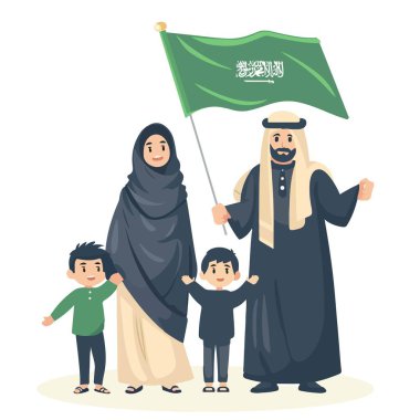 Arap Ailesi, Suudi Arabistan Ulusal Günü 'nü kutluyor düz çizim vektörü