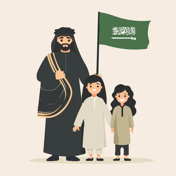 Beyaz arka plan düz çizim vektöründe ulusal günü kutlayan Arap ailesi bayrağı tutuyor