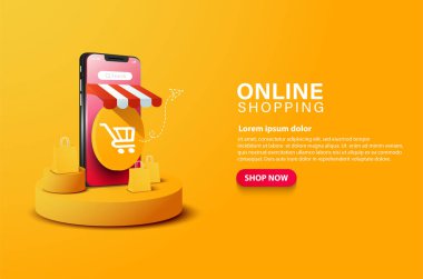 Çevrimiçi alışveriş konsepti, akıllı telefondaki bir dükkanın resimli dijital pazarlaması. Mavi Arkaplan