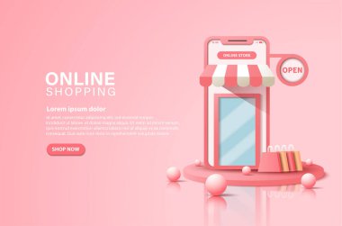 Çevrimiçi alışveriş konsepti, pembe arka planda 3D akıllı telefon ve alışveriş çantası