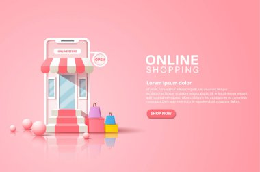 Çevrimiçi alışveriş konsepti, pembe arka planda 3D akıllı telefon ve alışveriş çantası