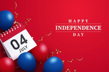 4 Temmuz 'da. Kırmızı ve mavi balonlarla bağımsızlık günü kutlaması ve kırmızı arka planda tarih