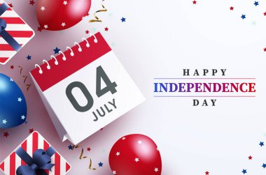 4 Temmuz. Amerika 'nın bağımsızlık gününü Amerikan balonu, tarihi ve hediye kutusuyla kutluyoruz.