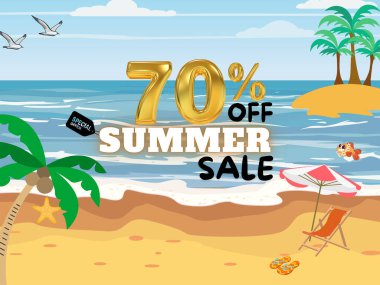 Plajda% 70 indirimli, palmiye ağaçları olan yaz indirimi afişi.