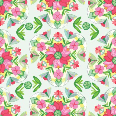 Basit etnografik lalelerden, zambaklardan, dallardan, yapraklardan ve yoncalardan oluşan çiçek desenli mandalaların kusursuz deseni. Halk tarzı. Yaz tasarım projeleri için, elbiseler