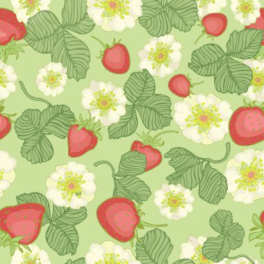 Nane yeşili arkaplanda çiçek açan beyaz çilek, yeşil yapraklar ve kırmızı çilek desenlerini tekrarlayan kusursuz vektör koleksiyon kitabı, ev yapımı tekstil ya da çocuk giyimi