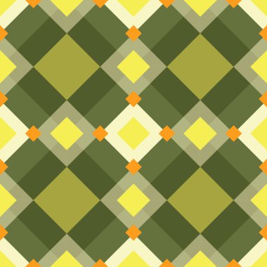 Vektör dikişsiz klasik geometrik palyaço elmas şekilleri yeşil, turuncu, bej renkler. Vektör illüstrasyonu.