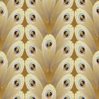 Soyut, geometrik, dikey çizgili hayran kompozisyonu beyaz tavus kuşu altın tüyü motifi, sıcak kahverengi bir arka planda, pastel renklerle renklendirilmiş lüks vektör deseni. Lüks mallar ambalajı için