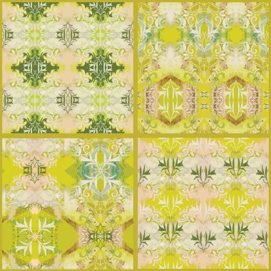 Collection of vector geometric texture of aged baroque ornaments in damask style pattern. Classic leaf ornaments on abstract grunge beige, yellow, fresh green background. For oriental style designs