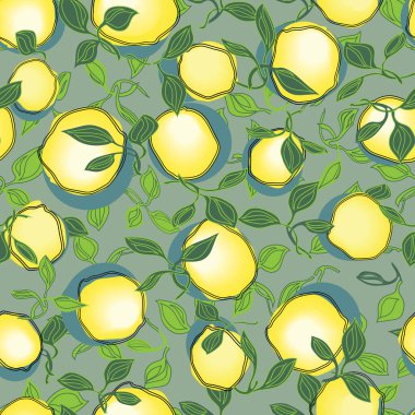 Koyu yeşil arka planda sarı limon dalı ve limon yapraklarından oluşan çizimsiz el çizimi. Yaz taze yemekleri ve egzotik tatil tasarım projeleri için mükemmel. Vektör