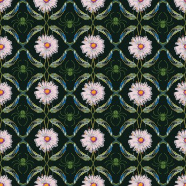 Vektör, pürüzsüz, çiçekli, gotik tarzda, geometrik, koyu yeşil arkaplan desenli örümcek ve pembe papatyalar, yaprak süsü. Gençlik kıyafetleri, albüm ve ambalaj tasarımı için. Vektör